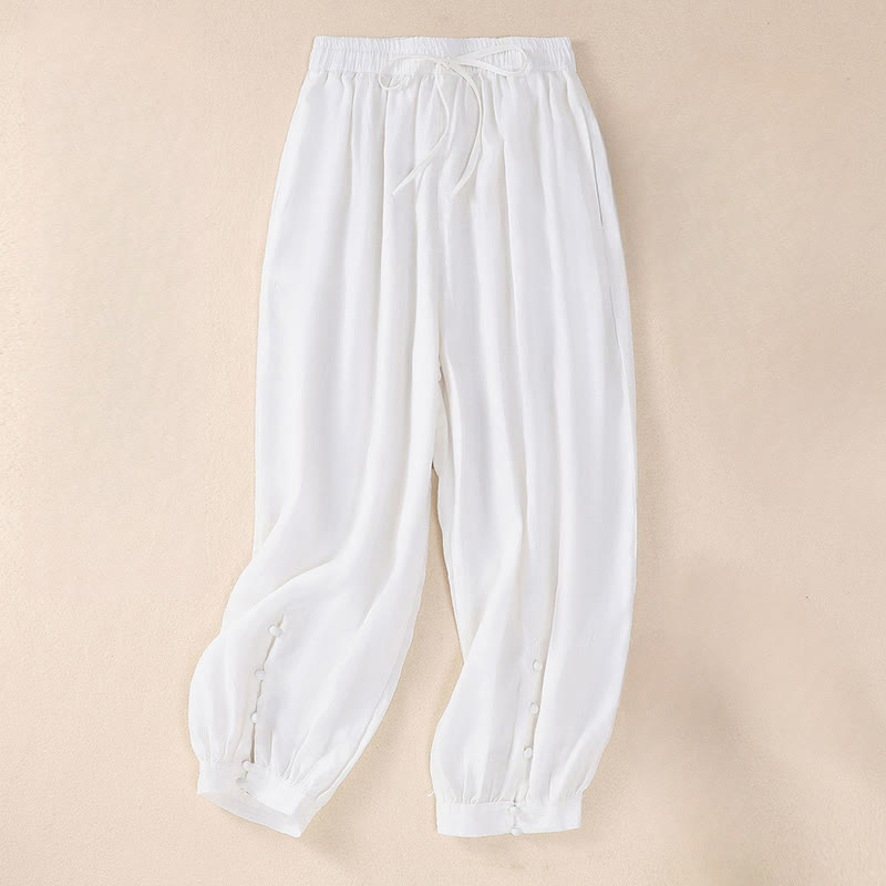 Pantaloni harem da donna in lino di cotone con coulisse e bottoni a rana, con tasche, di colore puro, Buddha Stones