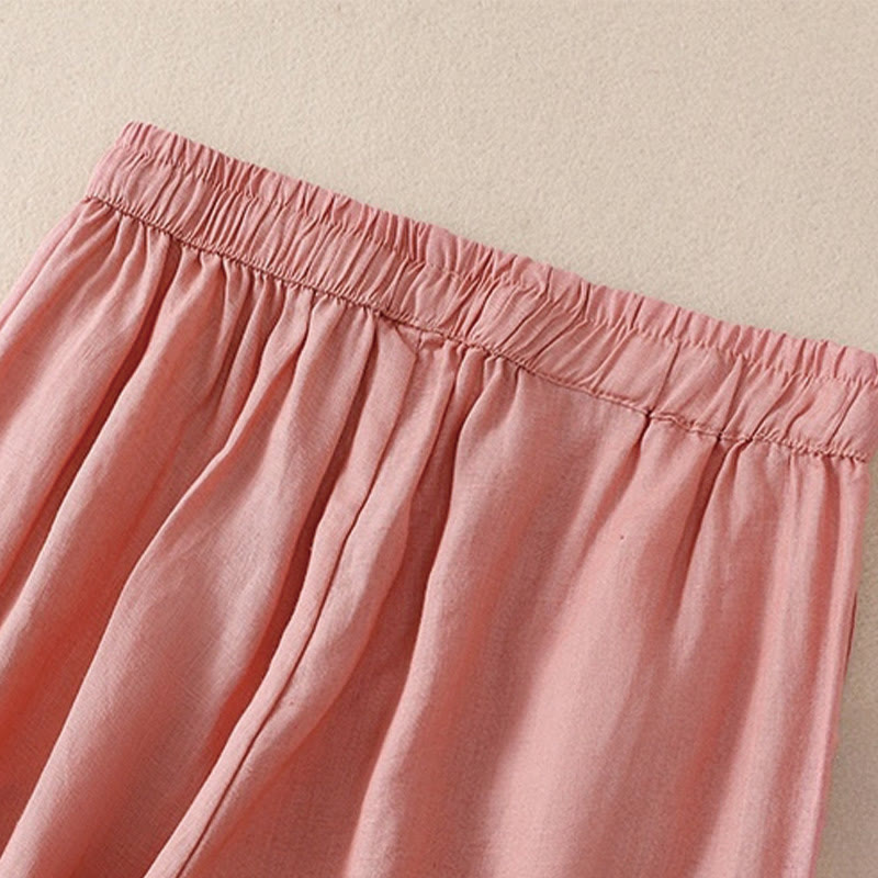 Pantaloni harem da donna in lino di cotone con coulisse e bottoni a rana, con tasche, di colore puro, Buddha Stones