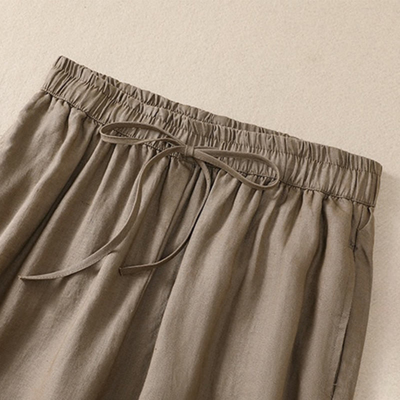 Pantaloni harem da donna in lino di cotone con coulisse e bottoni a rana, con tasche, di colore puro, Buddha Stones