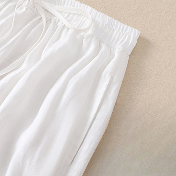 Pantaloni harem da donna in lino di cotone con coulisse e bottoni a rana, con tasche, di colore puro, Buddha Stones