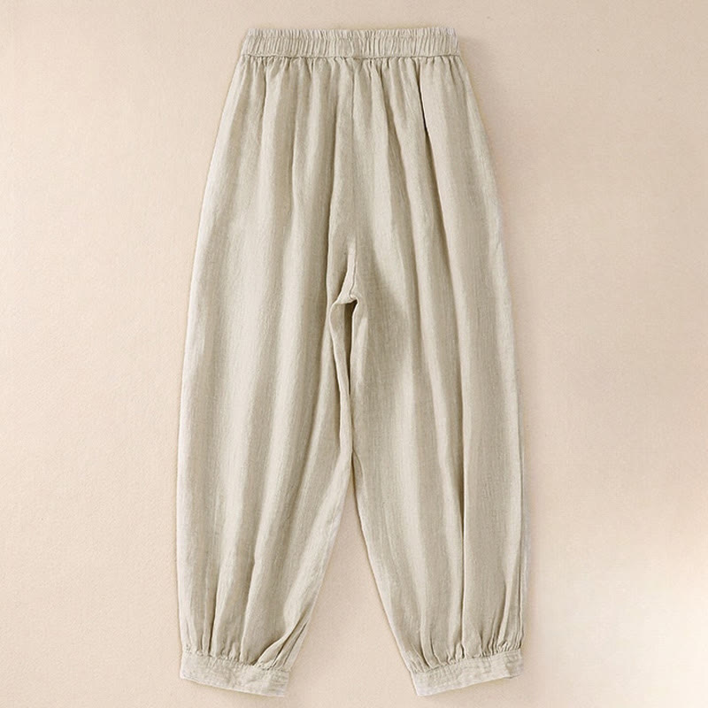 Pantaloni harem da donna in lino di cotone con coulisse e bottoni a rana, con tasche, di colore puro, Buddha Stones