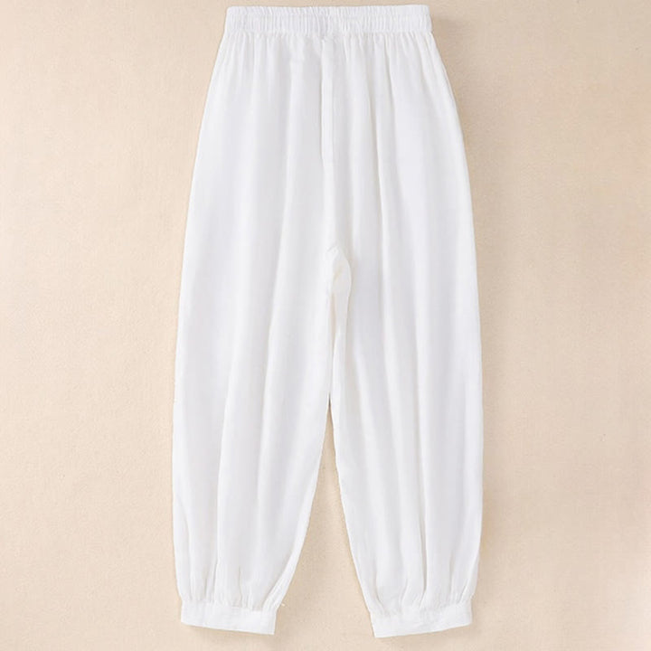 Pantaloni harem da donna in lino di cotone con coulisse e bottoni a rana, con tasche, di colore puro, Buddha Stones