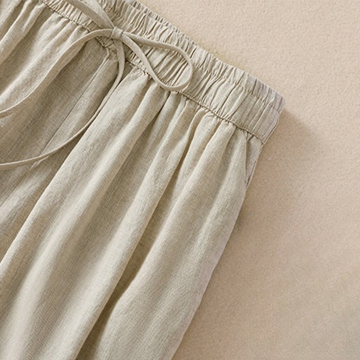 Pantaloni harem da donna in lino di cotone con coulisse e bottoni a rana, con tasche, di colore puro, Buddha Stones