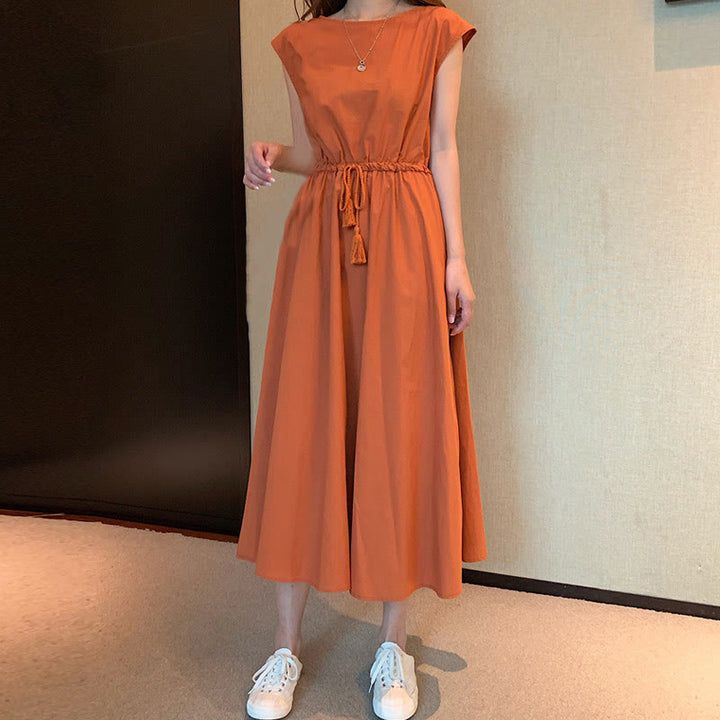 Abito midi in cotone e lino a maniche corte con coulisse in vita orientale casual Buddha Stones - Arancione scuro - US8-10, UK/AU12-14, EU40-42 (2XL) - image 25