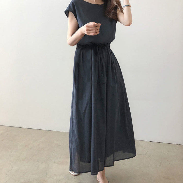 Abito midi in cotone e lino a maniche corte con coulisse in vita orientale casual Buddha Stones - SteelBlue - US8-10, UK/AU12-14, EU40-42 (2XL) - image 13