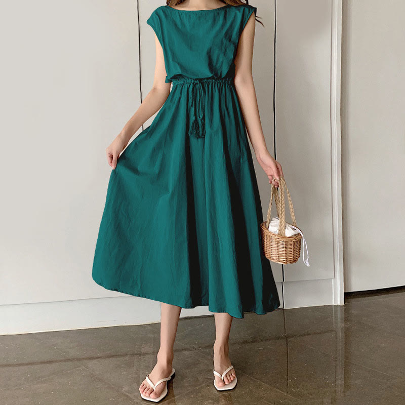 Abito midi in cotone e lino a maniche corte con coulisse in vita orientale casual Buddha Stones - VerdeMare Chiaro - US8-10, UK/AU12-14, EU40-42 (2XL) - image 22