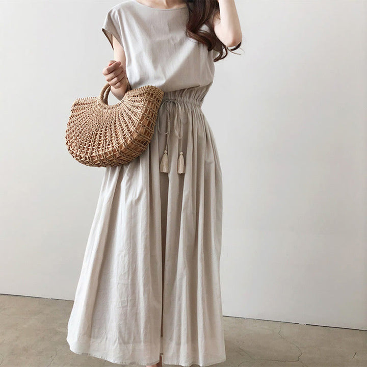 Abito midi in cotone e lino a maniche corte con coulisse in vita orientale casual Buddha Stones