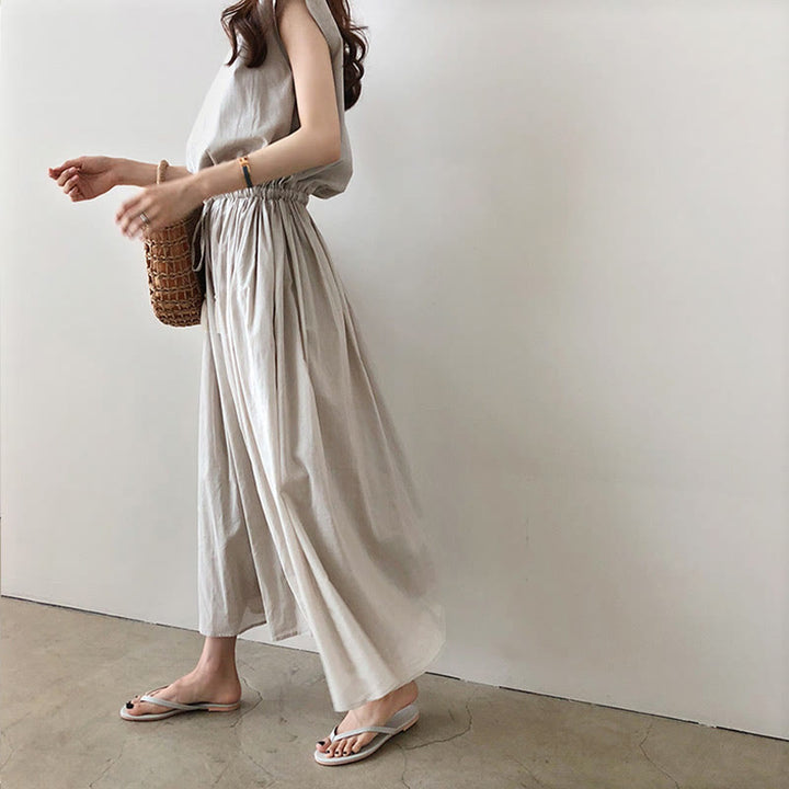 Abito midi in cotone e lino a maniche corte con coulisse in vita orientale casual Buddha Stones