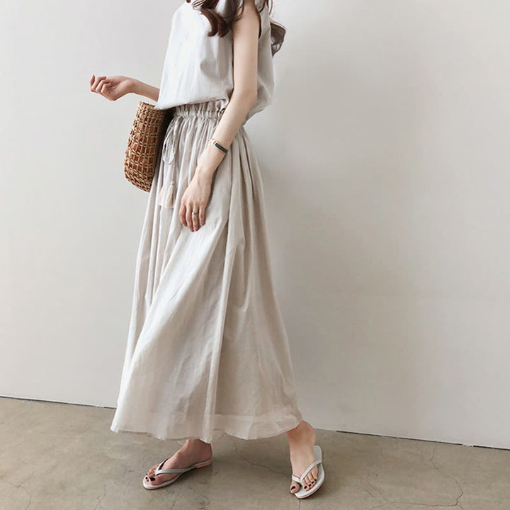 Abito midi in cotone e lino a maniche corte con coulisse in vita orientale casual Buddha Stones