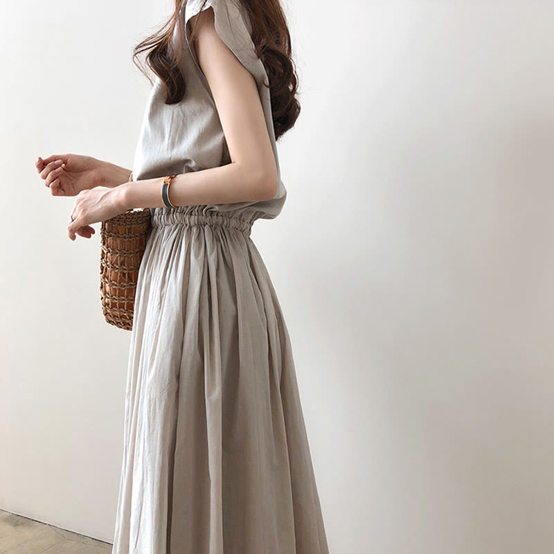 Abito midi in cotone e lino a maniche corte con coulisse in vita orientale casual Buddha Stones