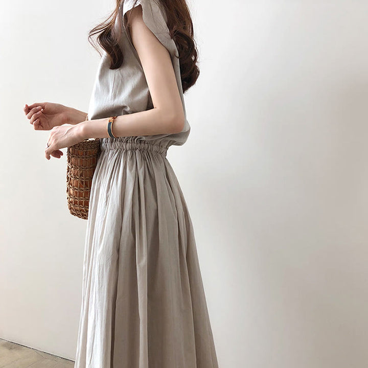 Abito midi in cotone e lino a maniche corte con coulisse in vita orientale casual Buddha Stones
