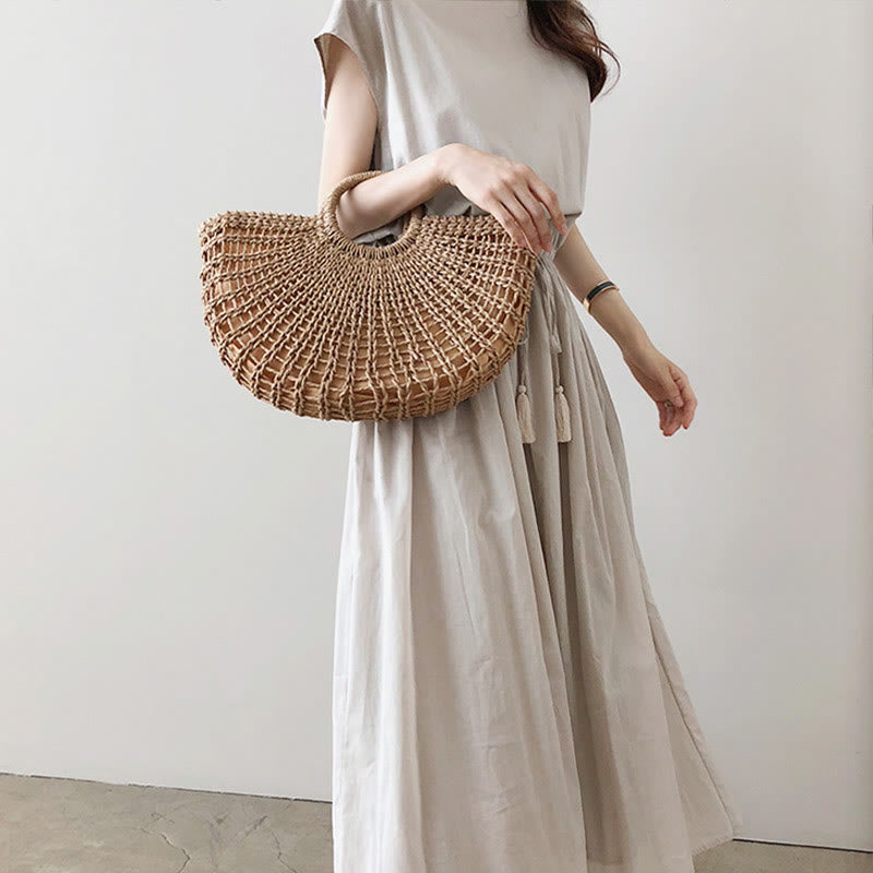 Abito midi in cotone e lino a maniche corte con coulisse in vita orientale casual Buddha Stones