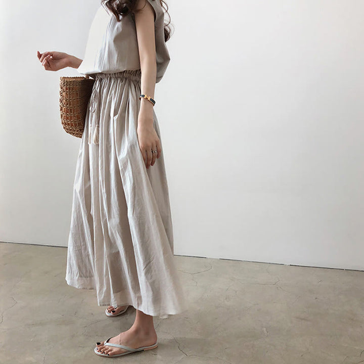 Abito midi in cotone e lino a maniche corte con coulisse in vita orientale casual Buddha Stones - image 7