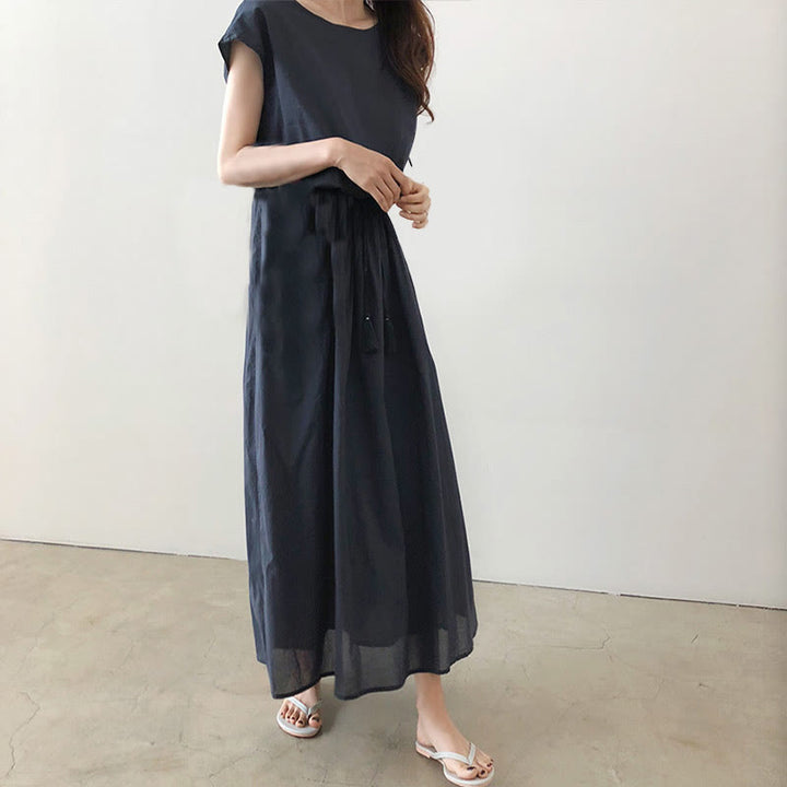 Abito midi in cotone e lino a maniche corte con coulisse in vita orientale casual Buddha Stones - image 16