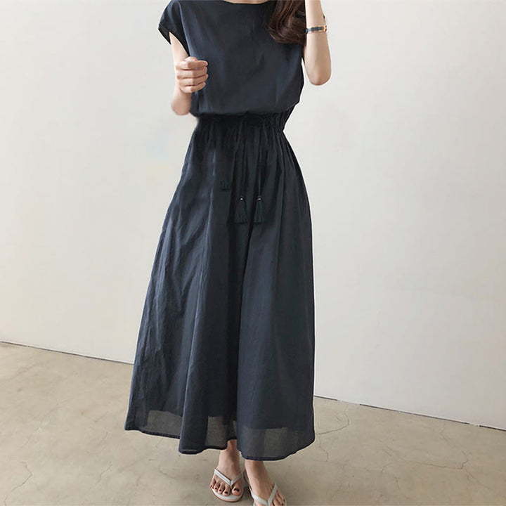 Abito midi in cotone e lino a maniche corte con coulisse in vita orientale casual Buddha Stones - image 15