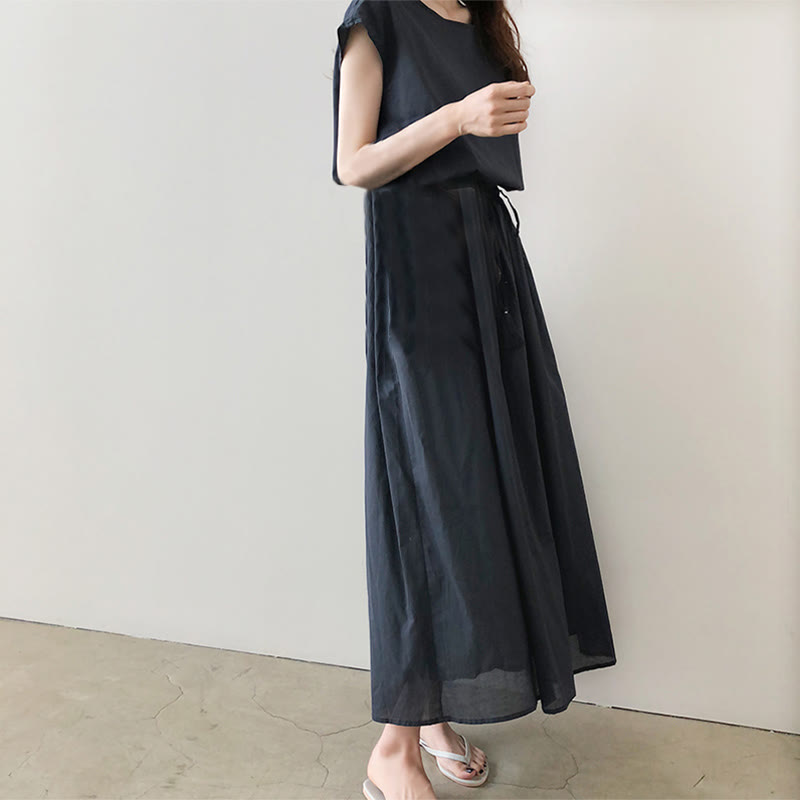 Abito midi in cotone e lino a maniche corte con coulisse in vita orientale casual Buddha Stones - image 20