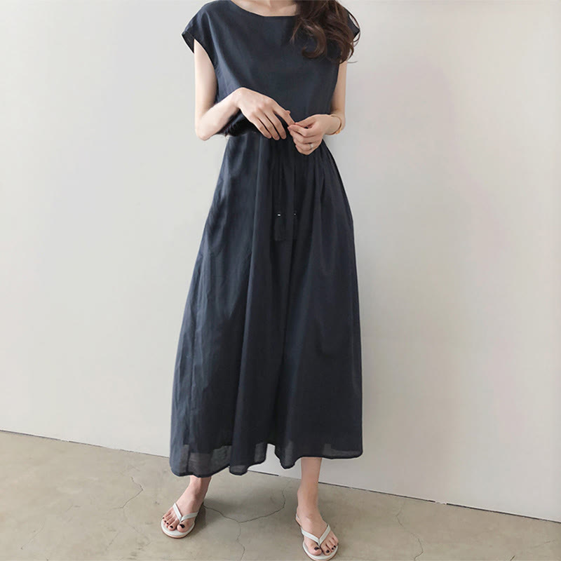Abito midi in cotone e lino a maniche corte con coulisse in vita orientale casual Buddha Stones