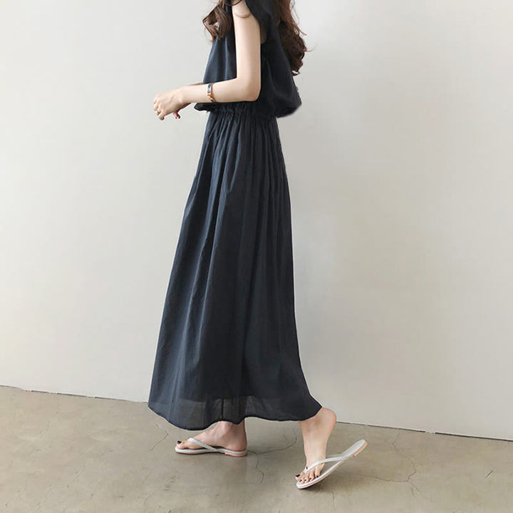 Abito midi in cotone e lino a maniche corte con coulisse in vita orientale casual Buddha Stones - image 17