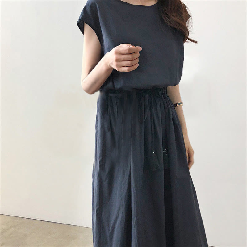 Abito midi in cotone e lino a maniche corte con coulisse in vita orientale casual Buddha Stones