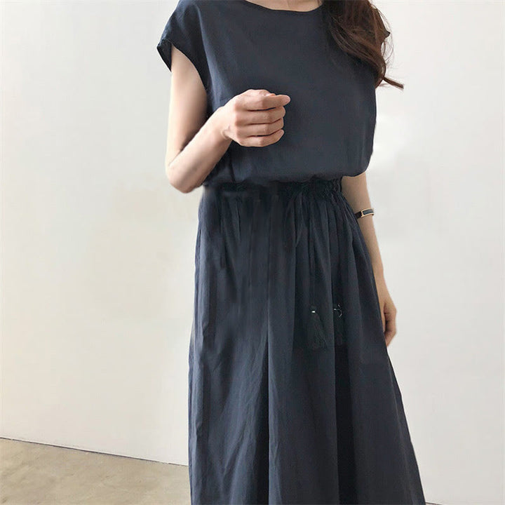 Abito midi in cotone e lino a maniche corte con coulisse in vita orientale casual Buddha Stones