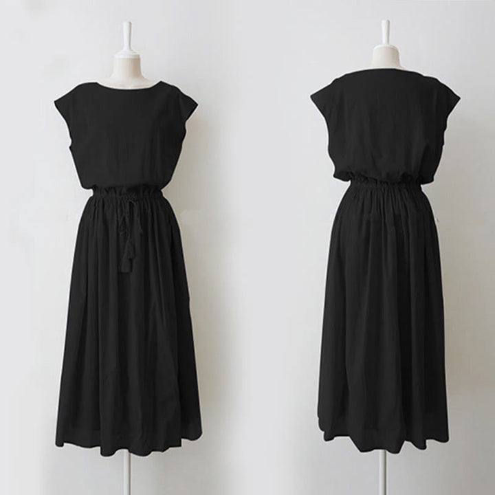 Abito midi in cotone e lino a maniche corte con coulisse in vita orientale casual Buddha Stones - image 12