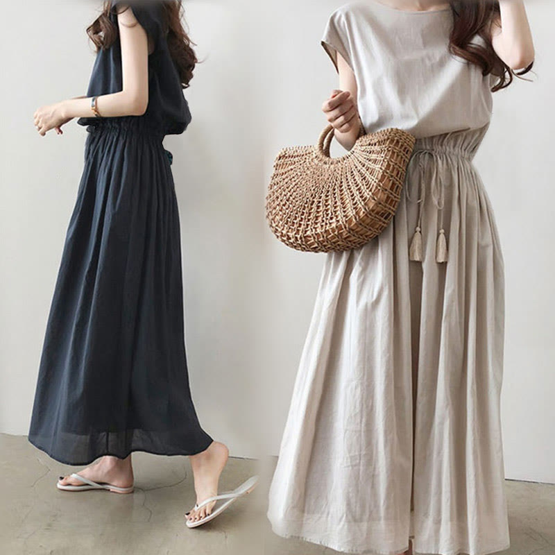 Abito midi in cotone e lino a maniche corte con coulisse in vita orientale casual Buddha Stones - image 10