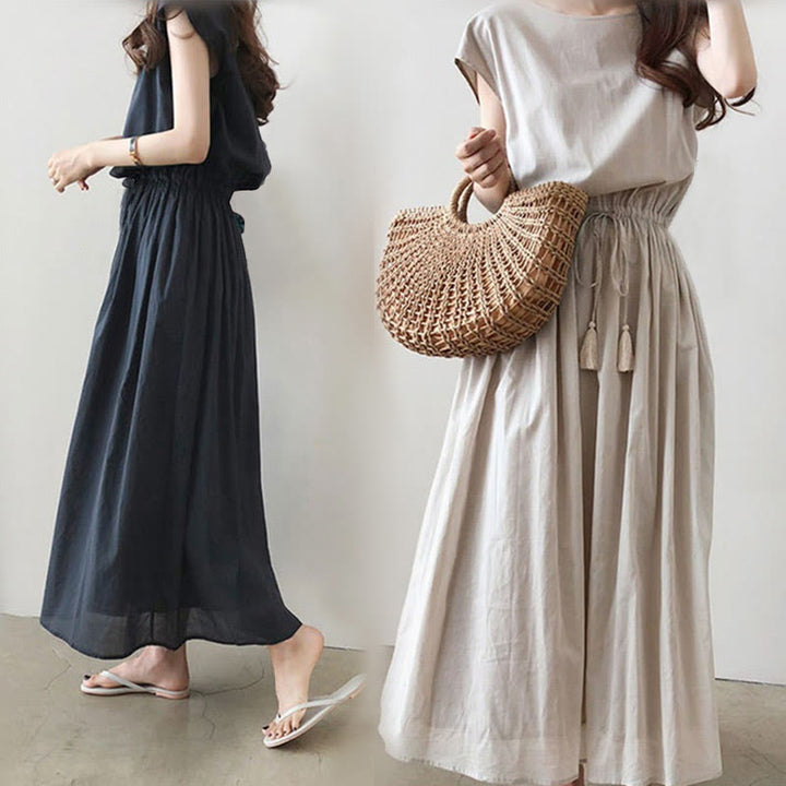 Abito midi in cotone e lino a maniche corte con coulisse in vita orientale casual Buddha Stones - image 10