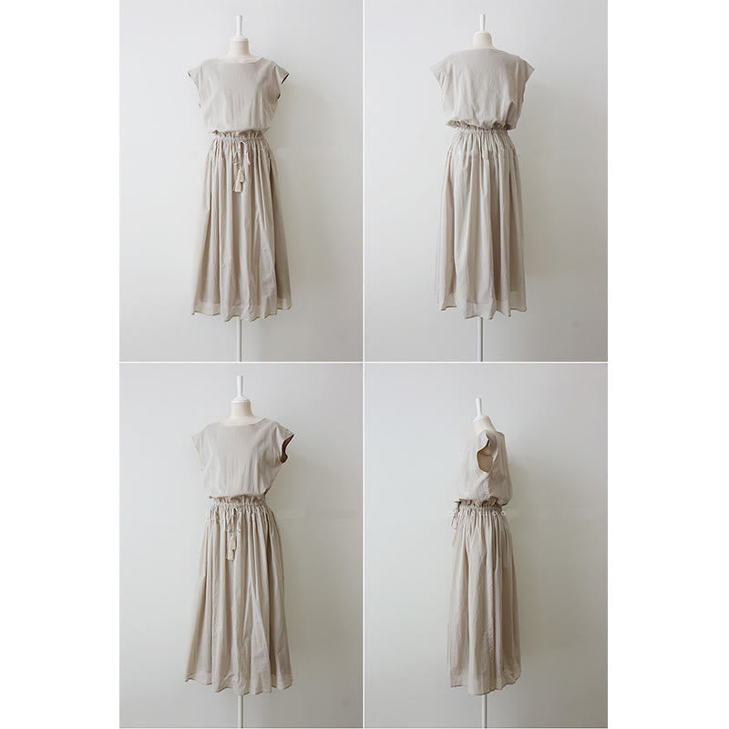 Abito midi in cotone e lino a maniche corte con coulisse in vita orientale casual Buddha Stones