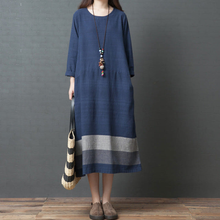 Abito midi in cotone e lino a maniche lunghe con strisce casual Buddha Stones e tasche