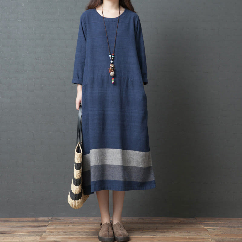Abito midi in cotone e lino a maniche lunghe con strisce casual Buddha Stones e tasche - SteelBlue - US8-10, UK/AU12-14, EU40-42 (2XL) - image 0