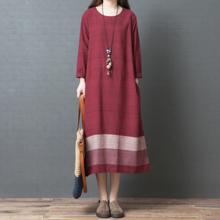 Abito midi in cotone e lino a maniche lunghe con strisce casual Buddha Stones e tasche