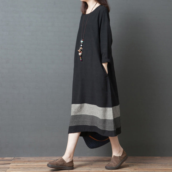Abito midi in cotone e lino a maniche lunghe con strisce casual Buddha Stones e tasche