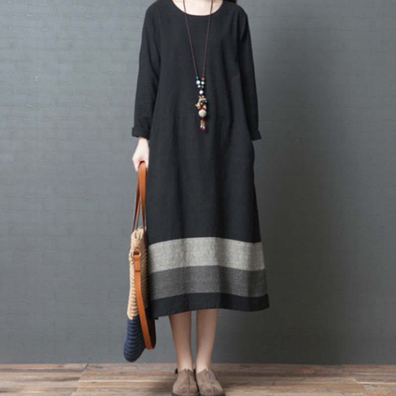 Abito midi in cotone e lino a maniche lunghe con strisce casual Buddha Stones e tasche