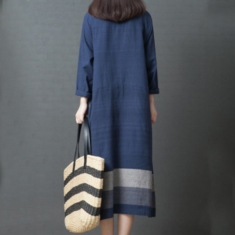 Abito midi in cotone e lino a maniche lunghe con strisce casual Buddha Stones e tasche
