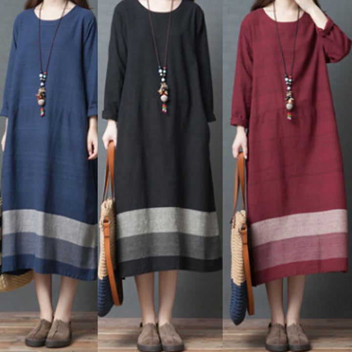 Abito midi in cotone e lino a maniche lunghe con strisce casual Buddha Stones e tasche