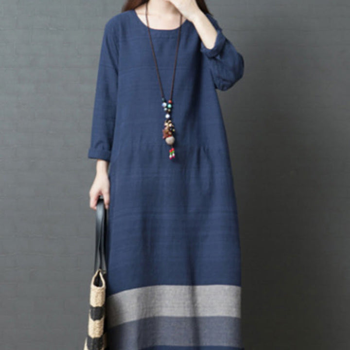 Abito midi in cotone e lino a maniche lunghe con strisce casual Buddha Stones e tasche