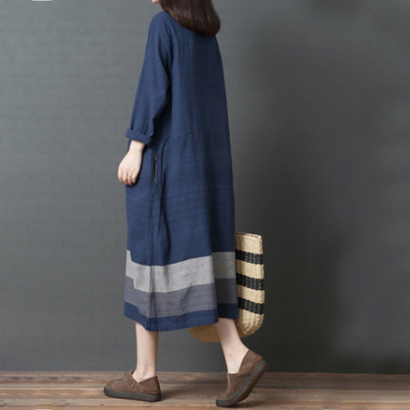 Abito midi in cotone e lino a maniche lunghe con strisce casual Buddha Stones e tasche