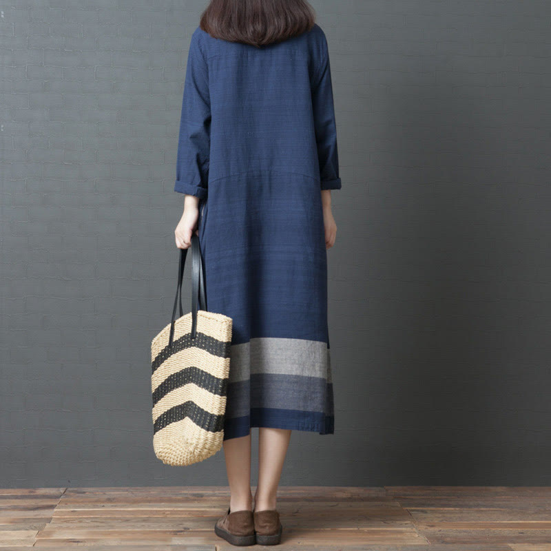 Abito midi in cotone e lino a maniche lunghe con strisce casual Buddha Stones e tasche