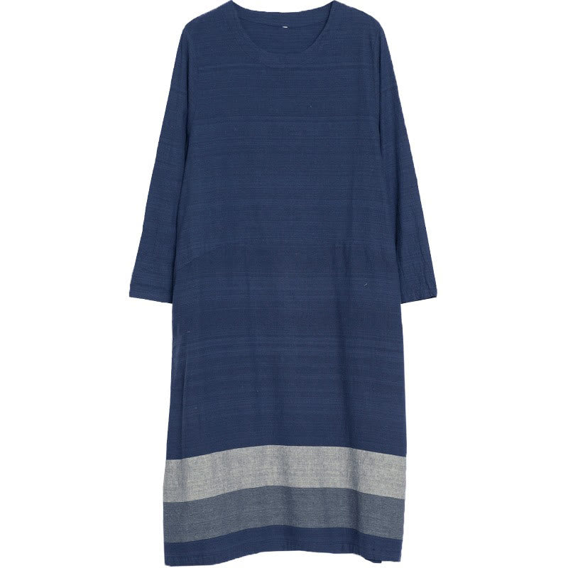 Abito midi in cotone e lino a maniche lunghe con strisce casual Buddha Stones e tasche