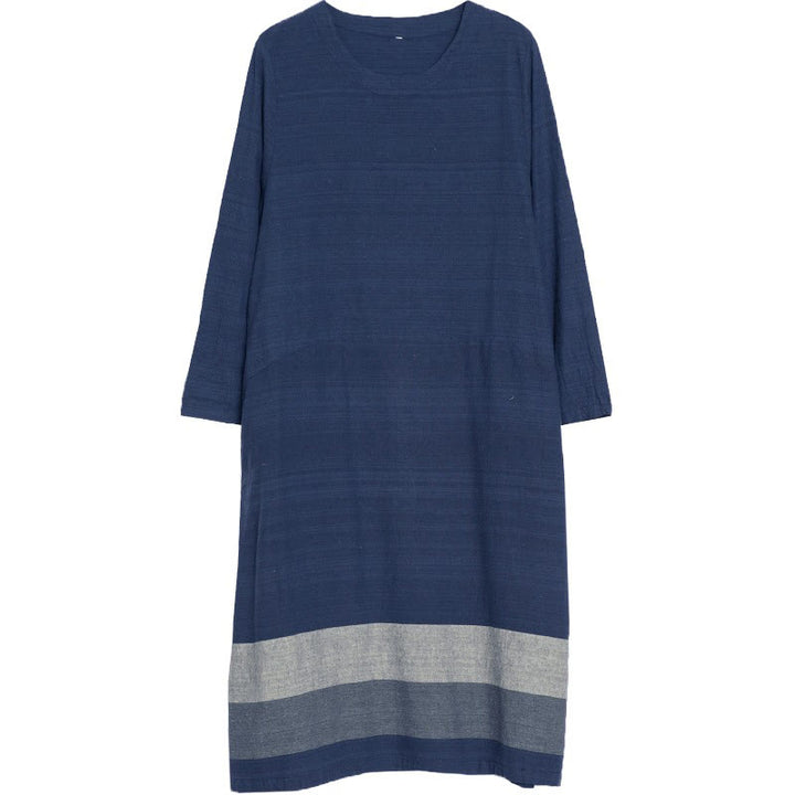 Abito midi in cotone e lino a maniche lunghe con strisce casual Buddha Stones e tasche