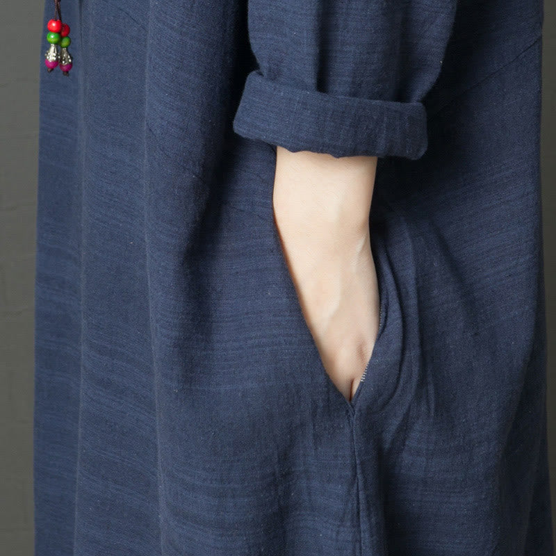 Abito midi in cotone e lino a maniche lunghe con strisce casual Buddha Stones e tasche