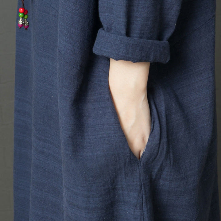 Abito midi in cotone e lino a maniche lunghe con strisce casual Buddha Stones e tasche