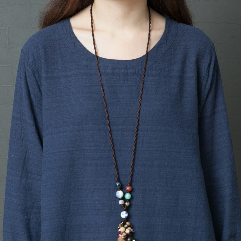 Abito midi in cotone e lino a maniche lunghe con strisce casual Buddha Stones e tasche