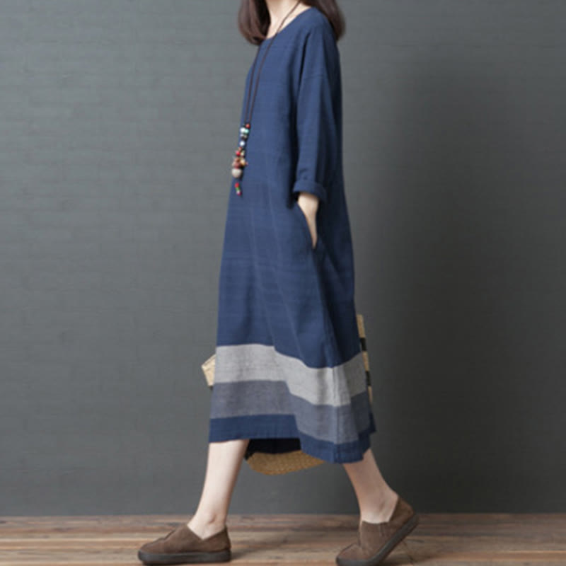 Abito midi in cotone e lino a maniche lunghe con strisce casual Buddha Stones e tasche