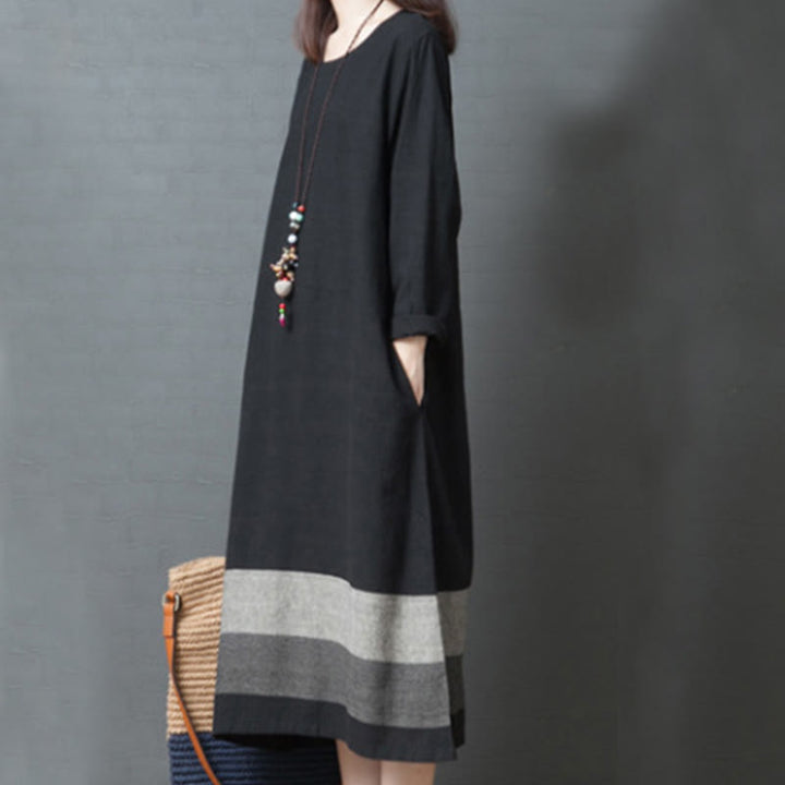 Abito midi in cotone e lino a maniche lunghe con strisce casual Buddha Stones e tasche
