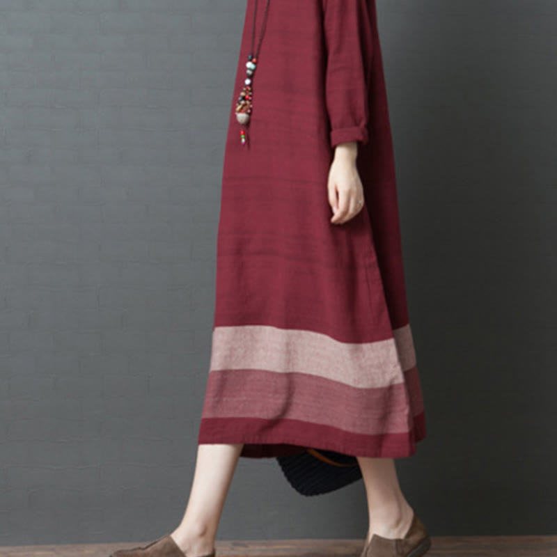 Abito midi in cotone e lino a maniche lunghe con strisce casual Buddha Stones e tasche