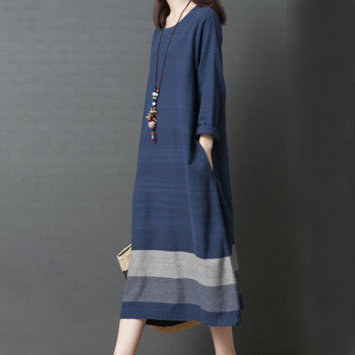 Abito midi in cotone e lino a maniche lunghe con strisce casual Buddha Stones e tasche
