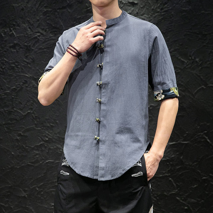 Camicia a mezza manica con bottoni a rana e onde di drago color block da uomo Buddha Buddha Stones