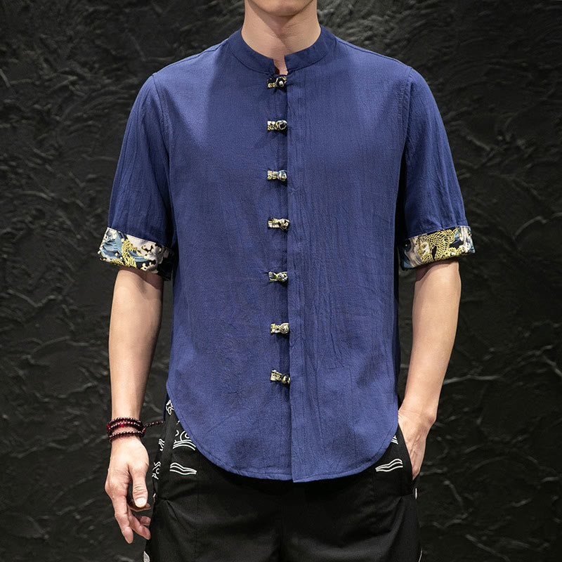Camicia a mezza manica con bottoni a rana e onde di drago color block da uomo Buddha Buddha Stones