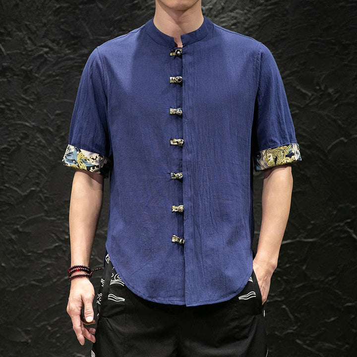 Camicia a mezza manica con bottoni a rana e onde di drago color block da uomo Buddha Buddha Stones